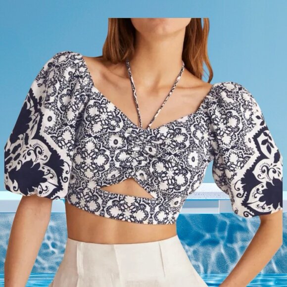 Boden LINEN Halter Neck Cut Out Crop Top Navy Blue WHITE tile Floral Coastal 10 - Picture 1 of 5